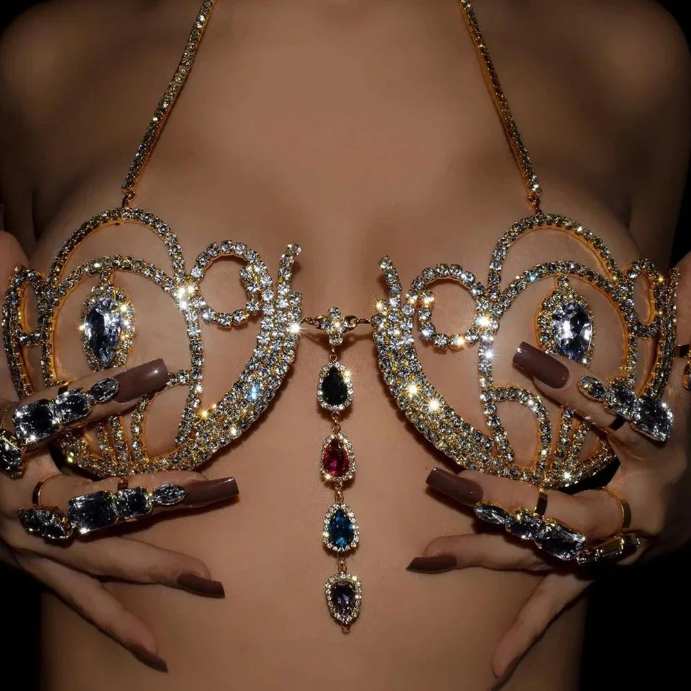 Body Jewelry Harness - 여성용 럭셔리 라인석 비키니 브라, 기하학적