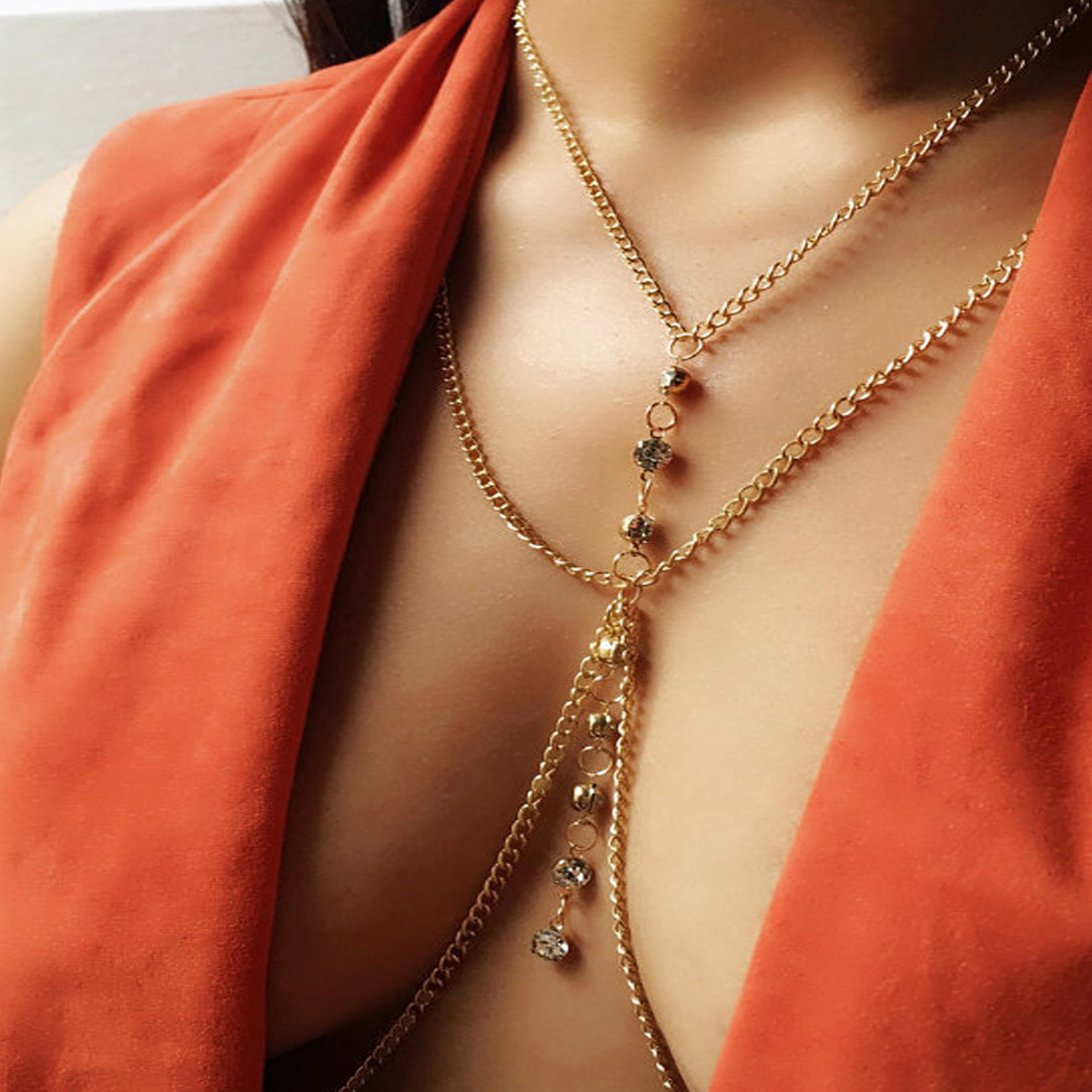 Body Jewelry Harness - 라운드 크리스탈 가슴 체인 낮은 허리